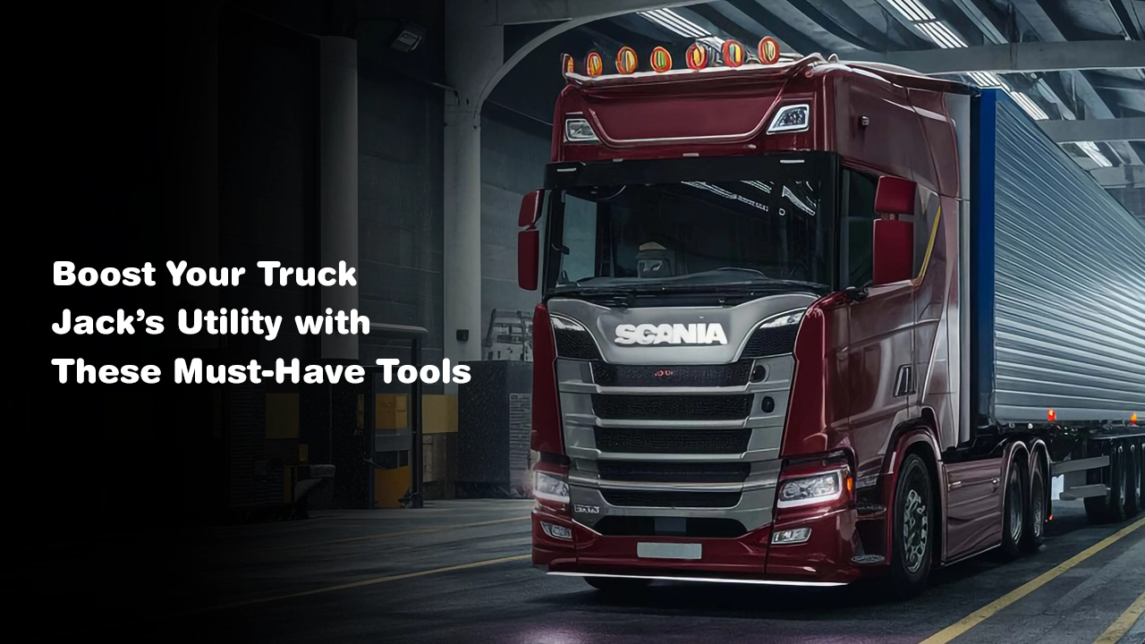 A truck undergoing maintenance using accessories like rubber pads, pinch weld adapters, and jack stands to ensure lifting safety.